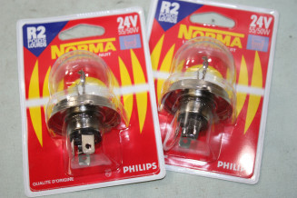 2 AMPOULES CODE/PHARE 24V 55/50W CE P45T NORMA R2...CAMIONS TRACTEURS DIVERS